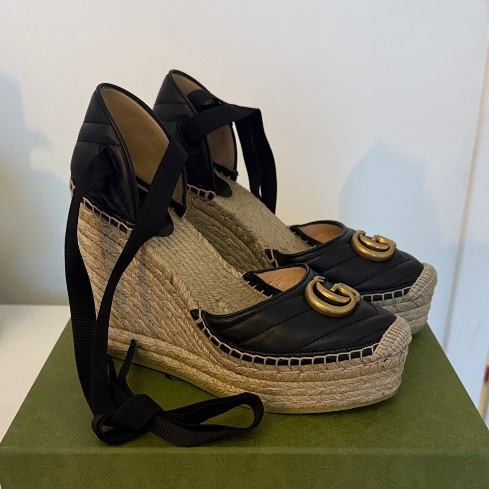 Gucci Black and Gold Espadrille Wedges